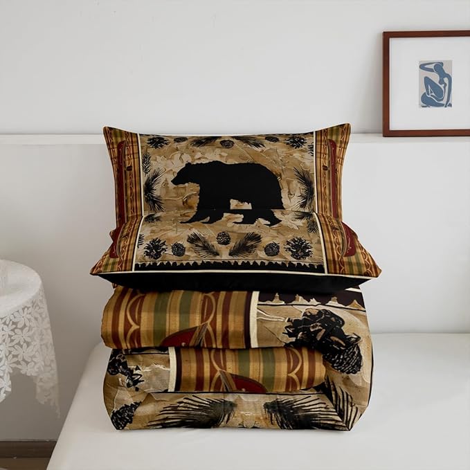 Feelyou Black Bear Comforter Set Full Western Rustic Cabin Decor Bedding Tribal Forest Animals Comforter Elk Wildlife Hunting Down Bear Deer Patchwork Quilt Set Nordic Bedroom Decor