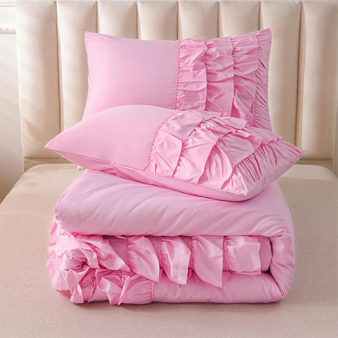 Holawakaka Pink Waterfall Ruffle Comforter Set Twin Size Multi-Layers Ruffled Shabby Chic 3PCS Bedding Set for Girls Women, Kids Teens Ruched Dorm Bed Set