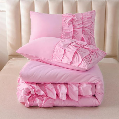 Holawakaka Pink Waterfall Ruffle Comforter Set Twin Size Multi-Layers Ruffled Shabby Chic 3PCS Bedding Set for Girls Women, Kids Teens Ruched Dorm Bed Set