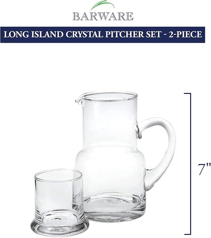 Badash Long Island Crystal Pitcher Set - 2-Piece 24 oz. Mouth-Blown Lead-Free Crystal Glass Carafe with 6 oz. Glass Set - Perfect Bedside or Desktop Water Pitcher