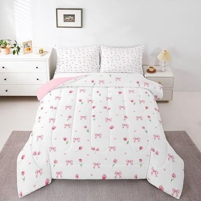 Feelyou Floral Bedding Set Soft for Boys Girls, Pink White Floral Bow Comforter Set Toddler Size Kawaii Bowknot Duvet Quilt Microfiber Pink Bow Bedroom Decor 2 Pcs with 1 Pillow Cases