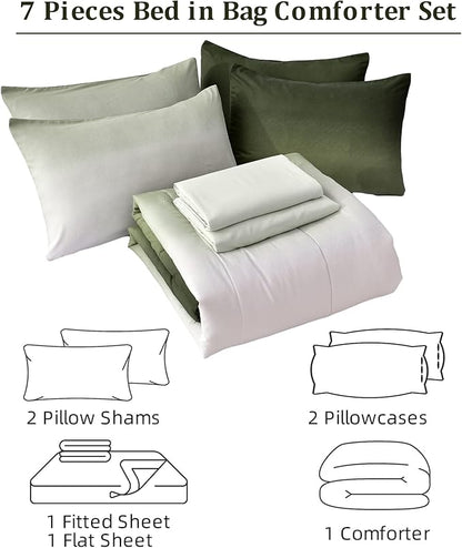 7 Pieces Olive Green King Comforter Set - Lightweight Gradient Dark Green Bed in a Bag Set, All Season Down Alternative Complete Bedding Set with Flat/Fitted Sheet, 2 Pillowcases and 2 Pillow Shams