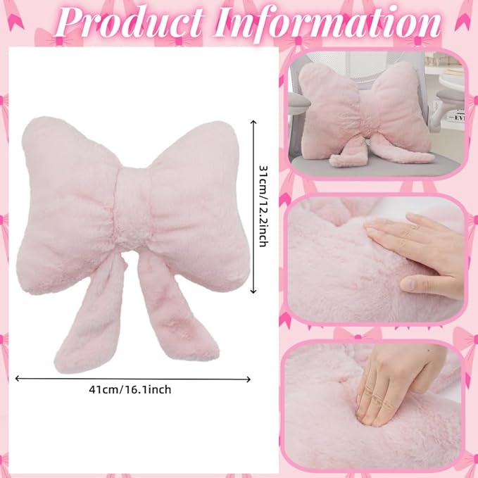 2 Pcs Plush Bow Pillow Cute Bowknot Plush Pillow Soft Bow Lumbar Pillow Home Decorative Throw Pillows for Bed Couch Living Room Decor (Pink)
