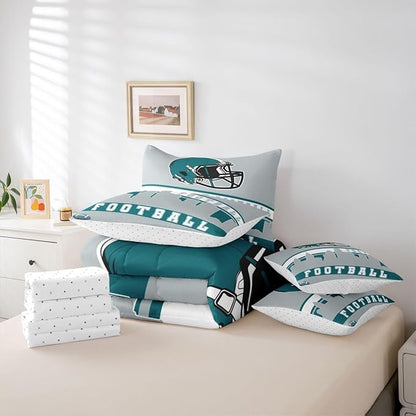 Erosebridal Football 7 Pcs Comforter Set King Football City Bedding for Boys Girls Grey Football Fans Sheet Set Bed in A Bag Rugby Game Room Decor Sports Ball Competition Quilt