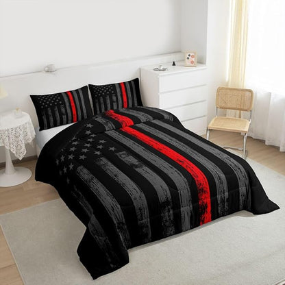 Erosebridal American Flag Comforter Set King Black Grey Red Line Flag Bedding Set for Men Boys Kids Girls Novelty Star Stripe Down Comforter Retro Vintage Flags Bedding Sets & Collections
