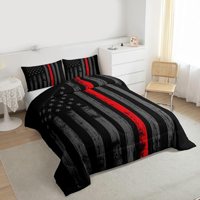 Erosebridal American Flag Comforter Set Twin Black Grey Red Line Flag Bedding Set for Men Boys Kids Girls Novelty Star Stripe Down Comforter Retro Vintage Flags Bedding Sets & Collections