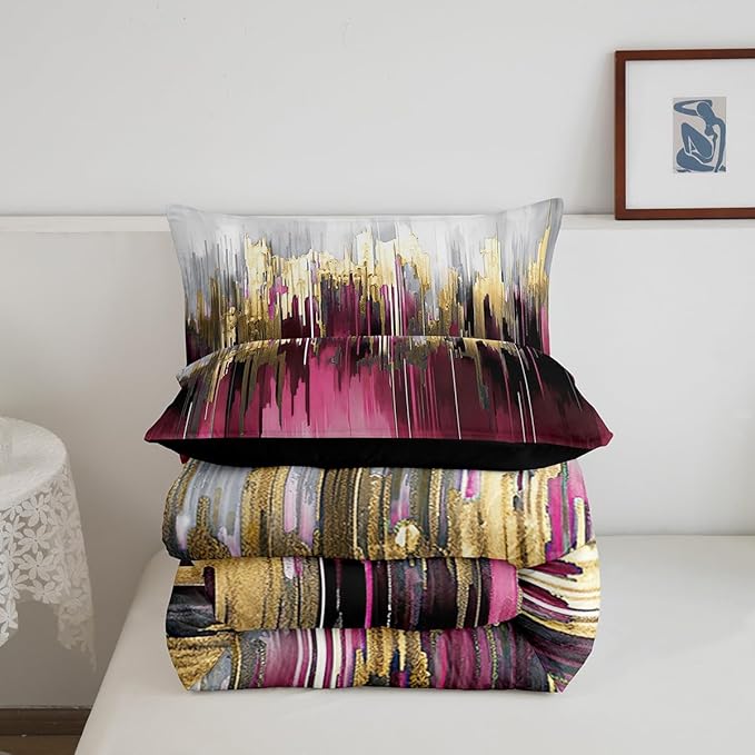 Hot Pink Purple Bedding Set King Abstract Watercolor Comforter Set, Gradient Stripe Duvet Insert Chic Vintage Aesthetic Quilt Sets, Graffiti Oil Painting Modern Bedding Comforters & Sets for Kids Teen