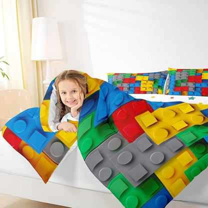 Erosebridal Construction Queen Comforter Set Colorful Bedding Set 3D Building Blocks Quilt,Kids Boys Bricks Duvet Insert Rainbow Gradient Room Decor for Teen Girls,Red Yellow Green Blue Grey