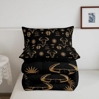 Erosebridal Western Bull Skull Comforter Set Full Boho Aztec Cow Bedding Set Bohemian Cactus Star Moon Sun Bed Comforter for Kids Boys Men Cowboy,Brown Black Exotic Ethnic Tribal Quilt 3 Pcs