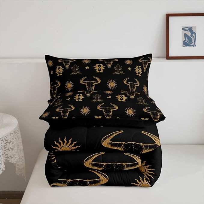 Erosebridal Western Bull Skull Comforter Set Toddler Boho Aztec Cow Bedding Set Bohemian Cactus Star Moon Sun Bed Comforter for Kids Boys Men Cowboy,Brown Black Exotic Ethnic Tribal Quilt 2 Pcs