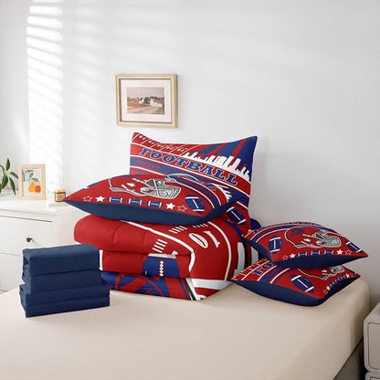 Feelyou Football 7 Pieces Comforter Sets Twin Size Kids Rugby Sports Bedding Set for All Season Football City Bed in a Bag with Comforter, Sheets, Pillowcases & Cushion Cover