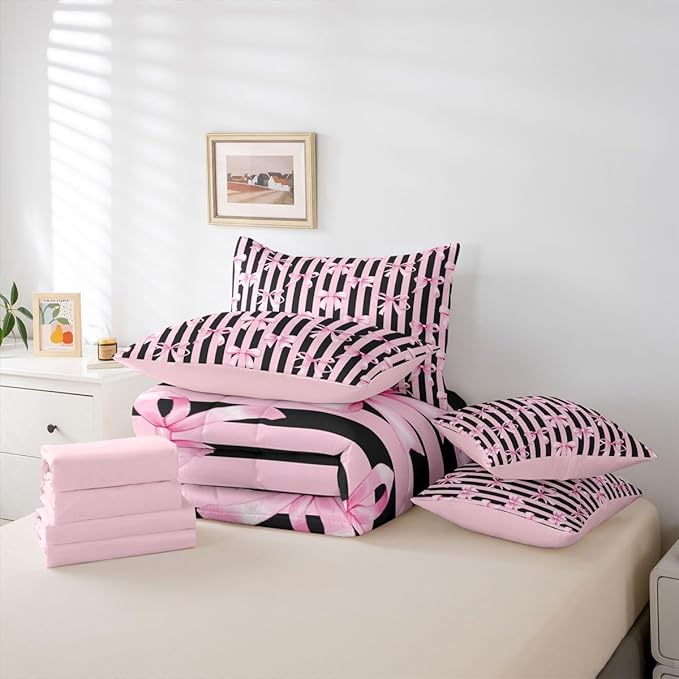 Erosebridal Kids Girls Bowknot Bow Black Pink Y2K Comforter Set Queen Size 7 Pieces | Kawaii Cute Bed in A Bag Stripe Bed Set Geometric Bedding