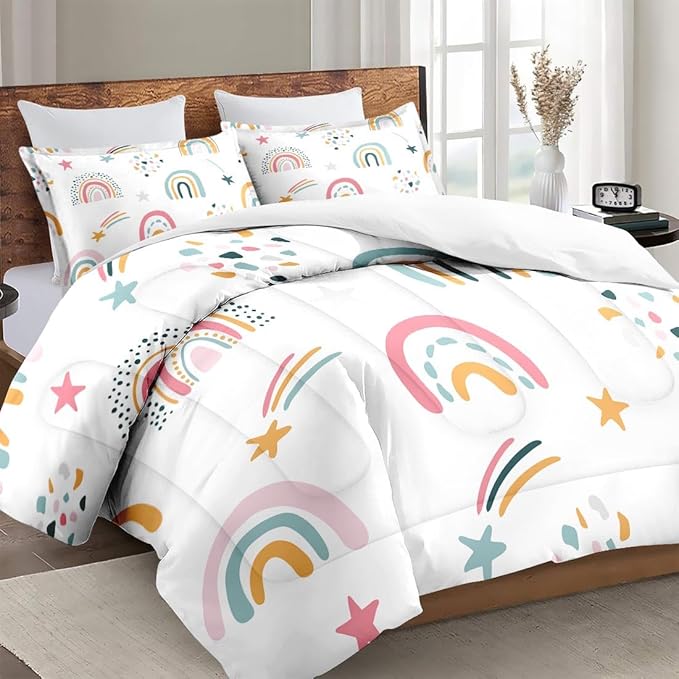 Full Size Comforter Set with 2 Pillowcases, Boho Rainbow Kids Cute Nursery Sweet Soft 3 Pcs Bedding for Kids and Adults Bedroom Bed Decor