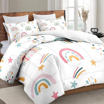 Full Size Comforter Set with 2 Pillowcases, Boho Rainbow Kids Cute Nursery Sweet Soft 3 Pcs Bedding for Kids and Adults Bedroom Bed Decor