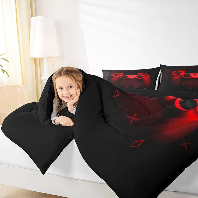 Boys Gamer Comforter Set King Size,Gamepad Bedding Set Kids Young Man Video Games Down Comforter for Teen Child Game Room Decor Black Red Classic Retro Gaming Quilted Duvet Set with Pillowcase