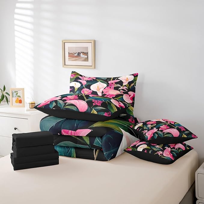 Feelyou Flower Comforter Set Full Size 7 Pieces Palm Leaf Bedding Set for All Season Floral Blossom Tropical Botanical Nature Theme Bed in a Bag with Comforter, Sheets, Pillowcases & Cushion Cover