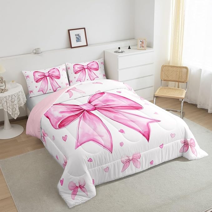 Erosebridal Girly Pink White Comforter Set King,Cute Bow Girls Bedding Set Dreamy Princess Bedding Comforter Sets for Kids Teen Women,Kawaii Bowknots Bow Tie Quilt Duvet 2 Pillow Cases
