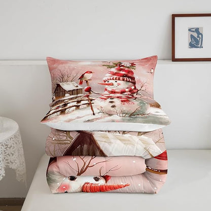 Pink Snowman Comforter Set Queen Size,Cute Bird and Snowflake Cabin Bedding Set 3Pcs for Kids Girls Boys Teens Room Decor,Merry Christmas Quilt Set Romantic Winter Duvet Insert,2 Pillowcases