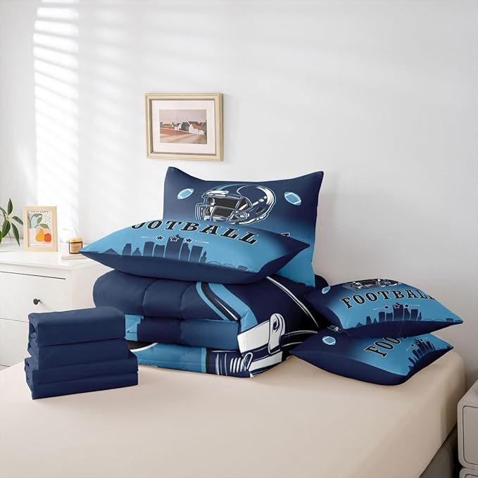 Erosebridal American Soccer Comforter Set with Sheets Football City Blue 7 Piece Bedding Set Full for Kids Boys Girls Teen Room Decor,Sports Rugby Games Bed in A Bag Ball Sports Bed Set