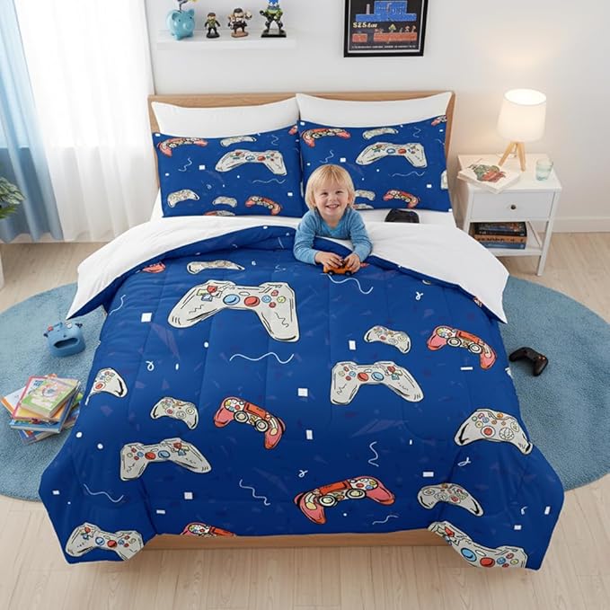 Boys Video Game Comforter Queen Size Dark Blue Gampad Bedding Set for Kids Children Bedroom Decor, 90"x90"