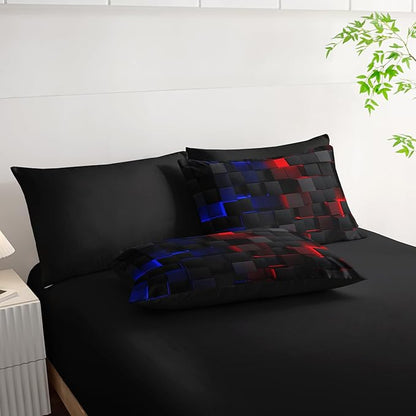 Red and Blue Checkered Comforter Set Full Honeycomb Bedding Sets,Light Honeycomb Bedding Set 7 Piece in A Bag,Bed Sheet Set Geometry Decor,Microfiber Lightweight All Season