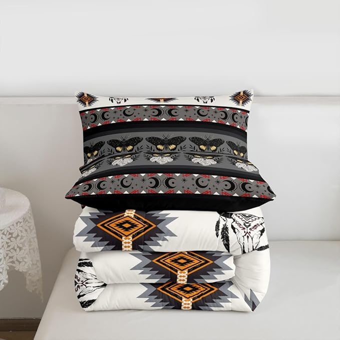 Erosebridal Exotic Moth Queen Comforter Set Bull Skull Quilt for Kids Child Boys Girls,Western Boho Bedding Set Geometric Aztec Decor Western Duvet Insert,Tribe Arrow Bohemian Room Decor Grey