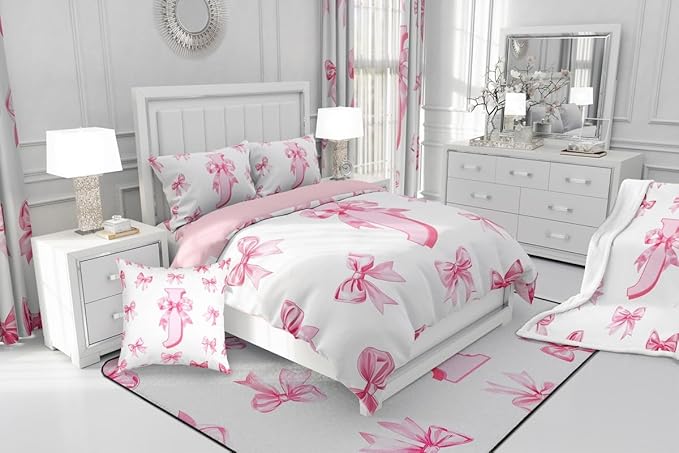 Erosebridal Kawaii Bowknot Girls Bedding Set Dreamy Princess Style Toddler Comforter Set for Kids Teen Women,Cute Initial Letter J Bow Bedding Comforter Sets Pink Chic Girly Bed Set Bedroom Decor