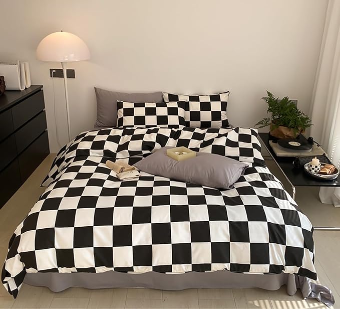 KAREVER Black White Grid Comforter Queen Black Plaid Bedding Set Women Black and White Checkered Bed Comforter Set Breathable Blanket Set Men Durable Bedding Comforter Set