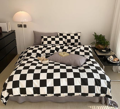 KAREVER Black White Grid Comforter Set Twin Black Plaid Bedding Set Girls Black White Checkered Breathable Blanket Set Kids Durable Bedding Comforter Set