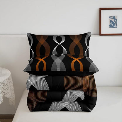 Erosebridal Orange and Black Queen Comforter Set, Orange Striped Abstract Bedding Set, Geometric Stripes Artistic Wavy Line Comforter for Women Men Teens Bedroom, Contemporary Boho Modern Art Quilt