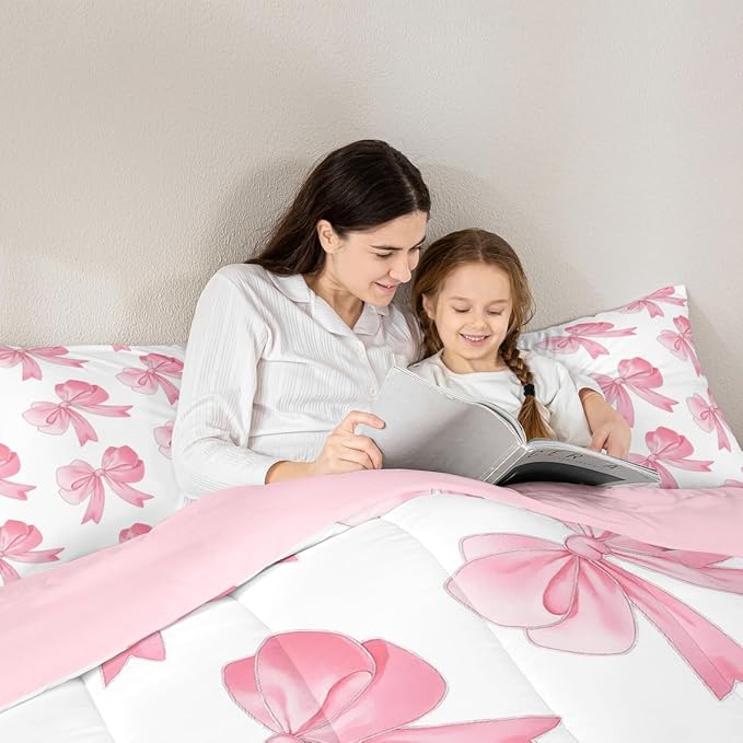 Erosebridal Pink Princess Bow Comforter Set Full Cute Cartoon Bowknot Bedding Set for Kids Girls Teen Women,Romantic Coquette Bow Tie Comforter Girly Kawaii Butterfly Knot Bed Set