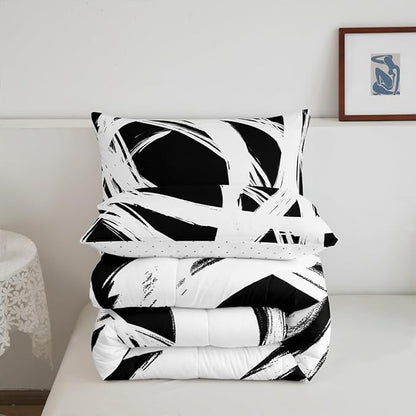 Erosebridal White and Black Striped King Bedding Set for Kids Teens Adults, Geometric Striped Comforter Set for Minimalists,Graffiti Aesthetic Lines Duvet Insert,Contemporary Boho Modern Art Quilt