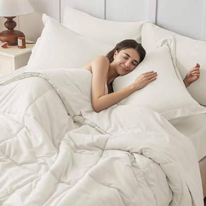 JOLLYVOGUE King Comforter Set, Ultra-Soft Bed in a Bag King Size 7 Pieces, Oeko-TEX Certified Bedding Set with Down Alternative Comforter, Sheets, Pillowcases & Shams, Ivory