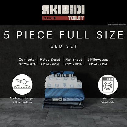 Skibidi Toilet Gamer Bedding 5 Piece Super Soft Reversible Comforter and Sheet Set Full, (Officially Licensed Product) by Franco