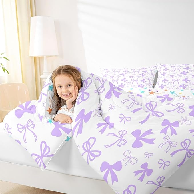 Erosebridal Cute Coquette Bowknot Comforter Set Purple Dreamy Bow King Bedding Set for Girls,Princess Style Kawaii Comforter Sets Purple Watercolor Bow Tie Bed Set for Kids Teen Women
