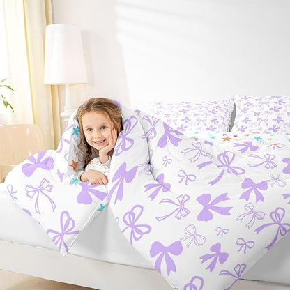 Erosebridal Cute Coquette Bowknot Comforter Set Purple Dreamy Bow King Bedding Set for Girls,Princess Style Kawaii Comforter Sets Purple Watercolor Bow Tie Bed Set for Kids Teen Women