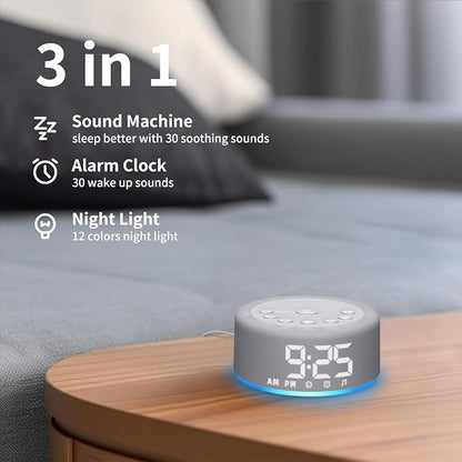 【3 in 1】 Sound Machine Alarm Clock Night Light White Noise Machine with 30 Sleeping Sounds for Baby Kids Adults 32 Level Volume Auto Off Timer Memory Function Digital Clock with 30 Wake Up Sounds