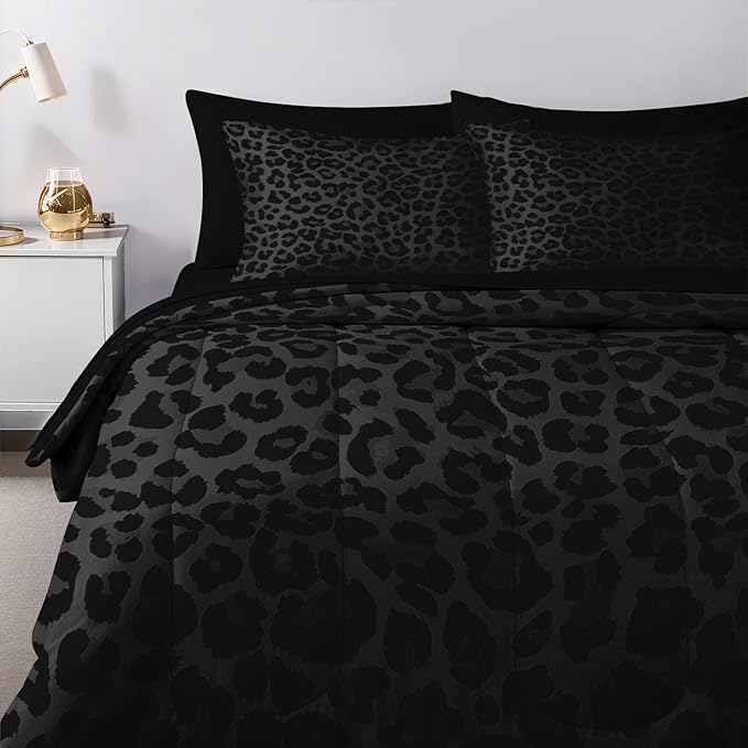 Nesker 7 Pcs Comforter Set Full Size, Leopard Print Wild Animal Bedding Set for Kids and Adults, Black Grey African Cheetah Wildlife Bed Sheet Sets with Fitted Sheet 2 Pillowcases & 2 Shams
