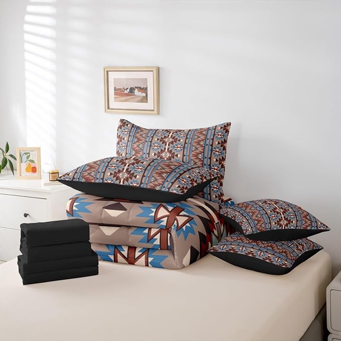 Erosebridal Aztec Bed in A Bag King 7 Pcs Ethnic Tribal Western Comforter Set Retro Southwest Native Bohemian Bedding Sets Exotic Nordic Style Sheet Set with Comforter Vintage Room Decor
