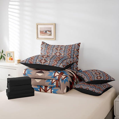 Erosebridal Aztec Bed in A Bag King 7 Pcs Ethnic Tribal Western Comforter Set Retro Southwest Native Bohemian Bedding Sets Exotic Nordic Style Sheet Set with Comforter Vintage Room Decor