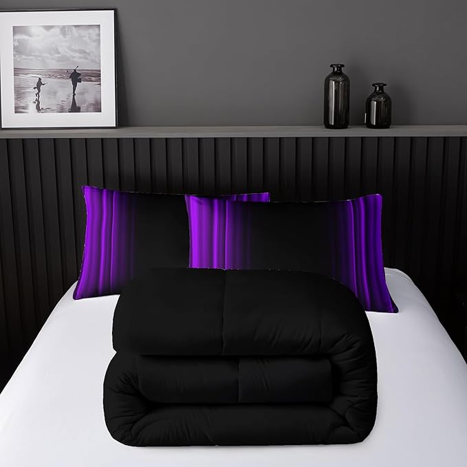 Purple and Black Bedding Set Full Size Abstract Ombre Comforter Set for Teen Boys, Mordern Bedding Set 3 Piece in A Bag,Dark Quilt Set Mordern Art Decor Lightweight All Seasons with Pillowcases