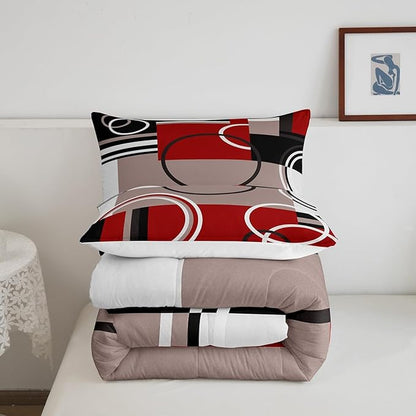 Erosebridal Modern Red Grey Black Stripes Comforter Set Geometric Down Comforter Queen Size Retro Circle Swirls Bedding Set Bedroom Decor Modern Abstract Texture Color Art Quilt Set