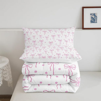 Castle Fairy Bow Print Comforter Set Full Size,Pink Bow Bedding Sets 3Pcs for Kids Teens Women Room Decor,Flower Floral Down Comforter Princess Pink Quilted Duvet Set,2 Pillowcases