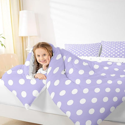 Manfei Polka Dots Comforter Set Queen Size,Cartoon French Style Princess Purple White Bedding Set 3 Pcs for Teens Adults,Modern Geometric Circles Abstract Simple Art Comforter,2 Pillowcases