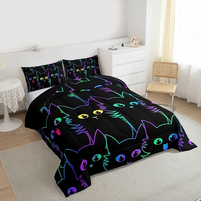 Erosebridal Girls Bedding Cartoon Cat Comforter Set Queen Size,Gradient Line Cute Cat Bedding Set for Kids Teens Boys Young Man Room Decor,Lovely Animal Kitten Print Comforter All Season,Rainbow Black