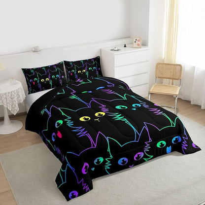 Erosebridal Girls Bedding Cartoon Cat Comforter Set Queen Size,Gradient Line Cute Cat Bedding Set for Kids Teens Boys Young Man Room Decor,Lovely Animal Kitten Print Comforter All Season,Rainbow Black