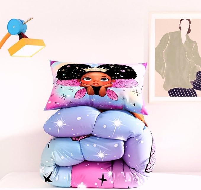 Black Girl Comforter Set, 3D Rainbow Pink glaxy Pattern for Kids Girls Adults,Decorative Bedding Comforter Sets with 2 Pillow Shams, Queen Size