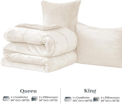 YIYEA Fluffy Queen Size Comforter Set, Luxury Faux Fur Comforter, Ultra Soft Plush Fuzzy Velvet Bedding Comforter Sets for Fall Winter, Cozy Warmth, No Shedding, 3PC, Queen, Ivory