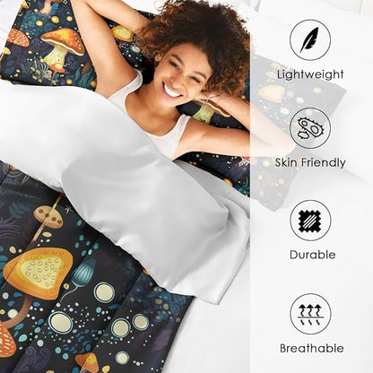 Mushroom Comforter Set for Kids Teens Adults Full, Orange Green Plant Bedding Sets Water Washed Microfiber Bedding with 1 Comforter 2 Pillowcases All Season