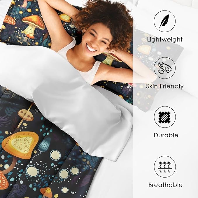 Mushroom Comforter Set for Kids Teens Adults Queen, Orange Green Plant Bedding Sets Water Washed Microfiber Bedding with 1 Comforter 2 Pillowcases All Season